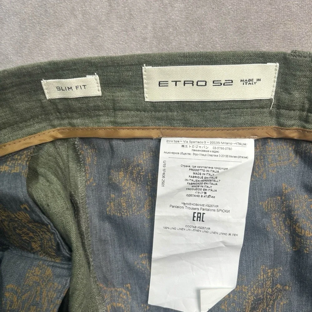 ETRO 52 Milano 100% Linen Twill Dress Pant Green US 36x30 Preppy Classy